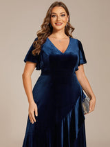 ever SYLVA|Double V-Neck Short Sleeves Stretchy Velvet Evening Dress with Lotus Leaf Hem
