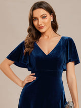 ever SYLVA|Double V-Neck Short Sleeves Stretchy Velvet Evening Dress with Lotus Leaf Hem