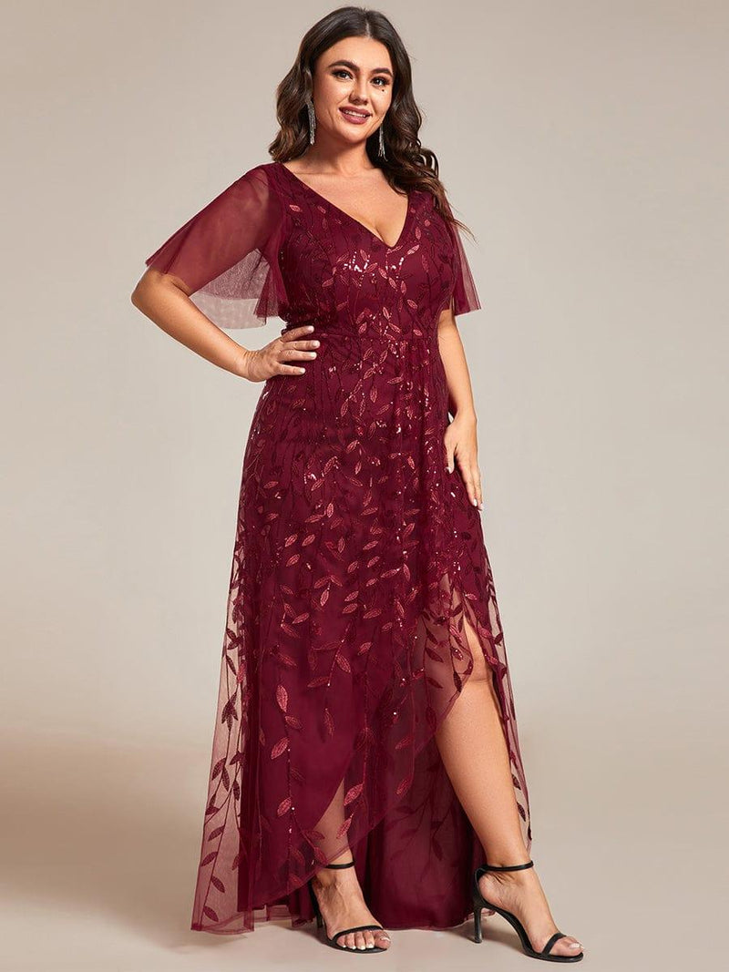 ever ALIX|Short Sleeves Sequin High Low V-Neck Midi Formal Evening Dress