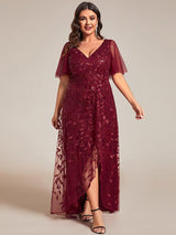 ever ALIX|Short Sleeves Sequin High Low V-Neck Midi Formal Evening Dress