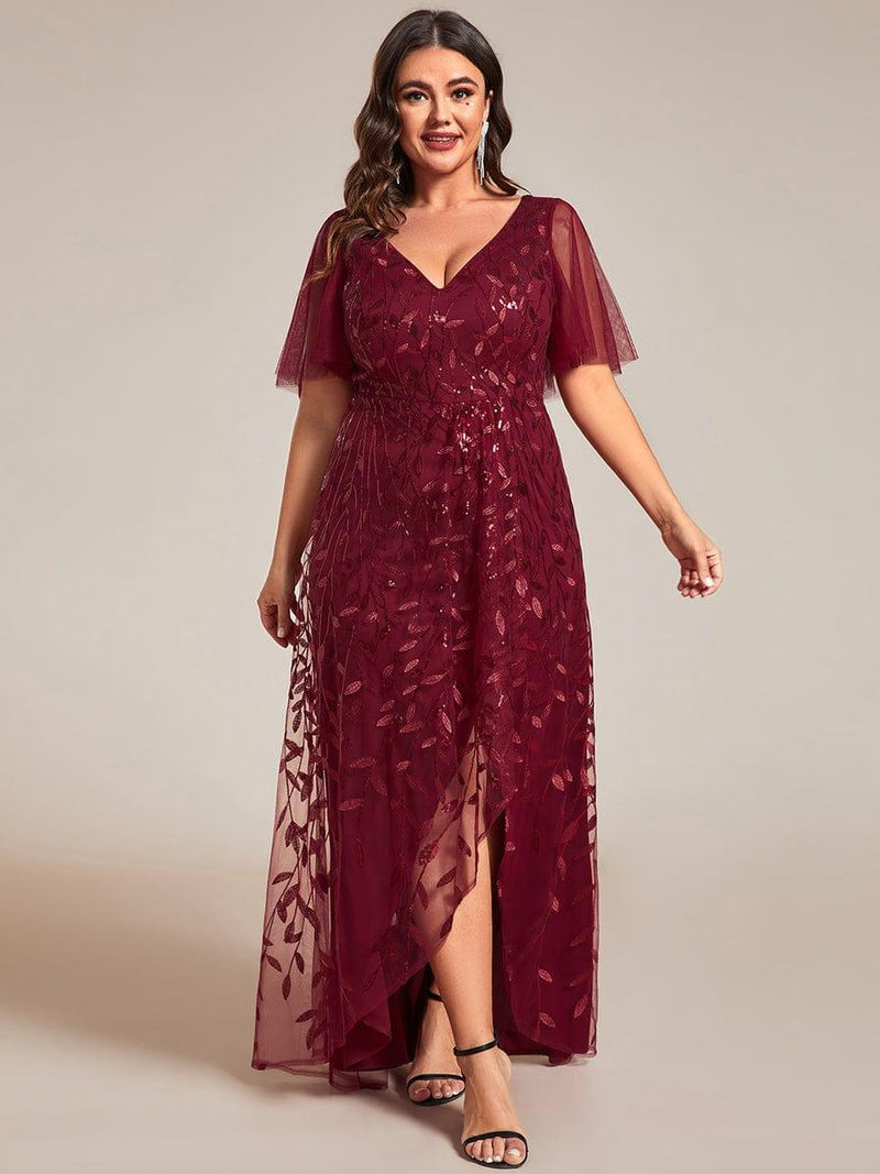 ever ALIX|Short Sleeves Sequin High Low V-Neck Midi Formal Evening Dress