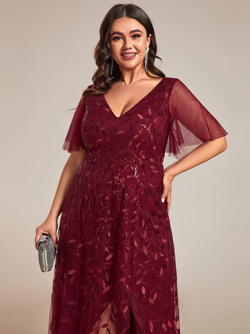 ever ALIX|Short Sleeves Sequin High Low V-Neck Midi Formal Evening Dress