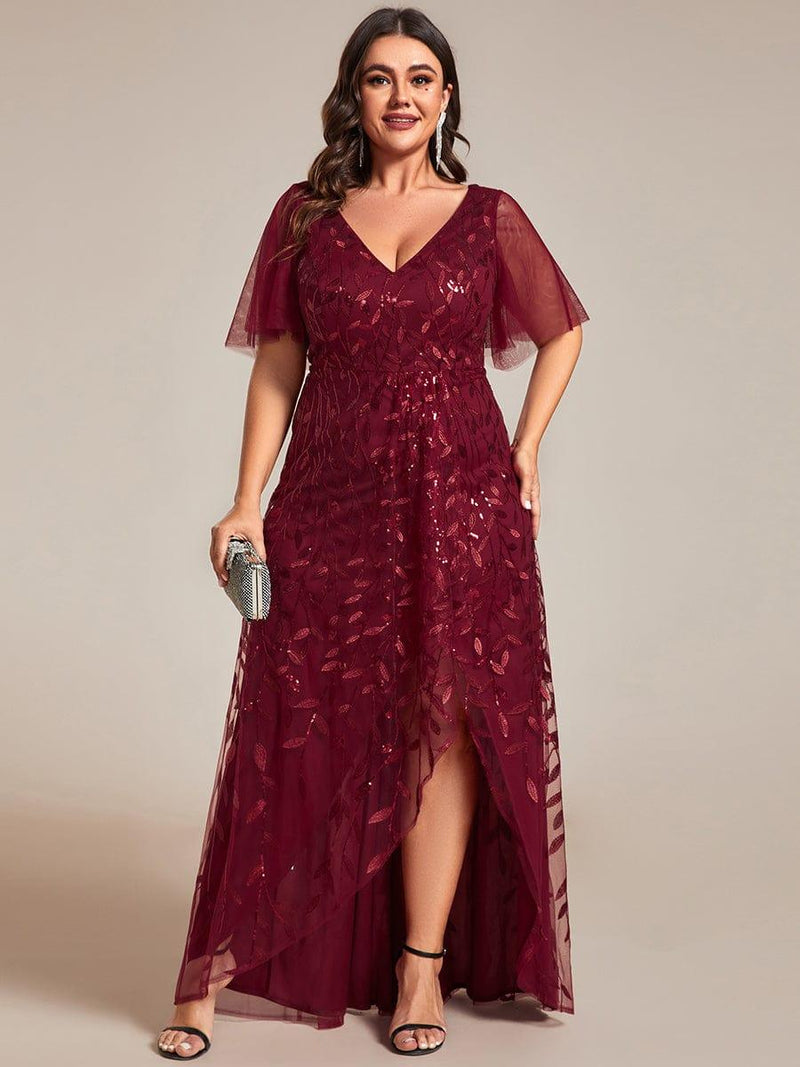 ever ALIX|Short Sleeves Sequin High Low V-Neck Midi Formal Evening Dress
