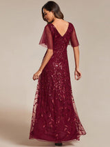 ever ALIX|Short Sleeves Sequin High Low V-Neck Midi Formal Evening Dress