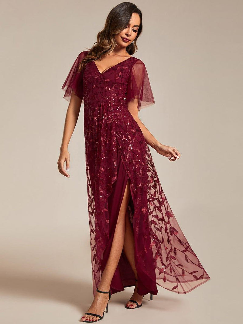 ever ALIX|Short Sleeves Sequin High Low V-Neck Midi Formal Evening Dress