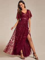 ever ALIX|Short Sleeves Sequin High Low V-Neck Midi Formal Evening Dress