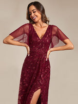 ever ALIX|Short Sleeves Sequin High Low V-Neck Midi Formal Evening Dress