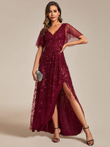 ever ALIX|Short Sleeves Sequin High Low V-Neck Midi Formal Evening Dress