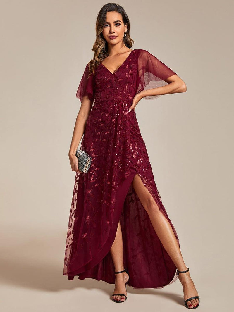 ever ALIX|Short Sleeves Sequin High Low V-Neck Midi Formal Evening Dress