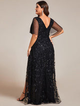 ever ALIX|Short Sleeves Sequin High Low V-Neck Midi Formal Evening Dress
