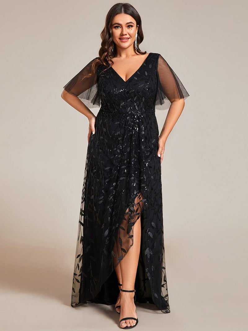 ever ALIX|Short Sleeves Sequin High Low V-Neck Midi Formal Evening Dress