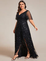 ever ALIX|Short Sleeves Sequin High Low V-Neck Midi Formal Evening Dress