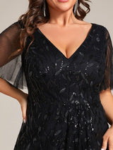 ever ALIX|Short Sleeves Sequin High Low V-Neck Midi Formal Evening Dress