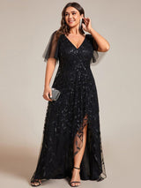 ever ALIX|Short Sleeves Sequin High Low V-Neck Midi Formal Evening Dress