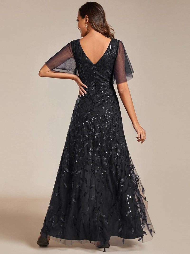 ever ALIX|Short Sleeves Sequin High Low V-Neck Midi Formal Evening Dress