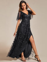 ever ALIX|Short Sleeves Sequin High Low V-Neck Midi Formal Evening Dress