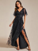 ever ALIX|Short Sleeves Sequin High Low V-Neck Midi Formal Evening Dress