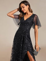ever ALIX|Short Sleeves Sequin High Low V-Neck Midi Formal Evening Dress
