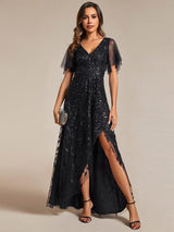 ever ALIX|Short Sleeves Sequin High Low V-Neck Midi Formal Evening Dress