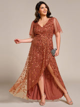 ever ALIX|Short Sleeves Sequin High Low V-Neck Midi Formal Evening Dress