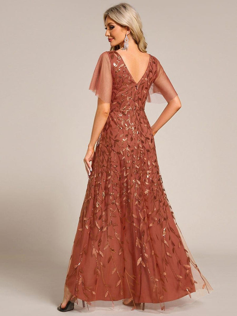 ever ALIX|Short Sleeves Sequin High Low V-Neck Midi Formal Evening Dress