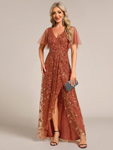 ever ALIX|Short Sleeves Sequin High Low V-Neck Midi Formal Evening Dress