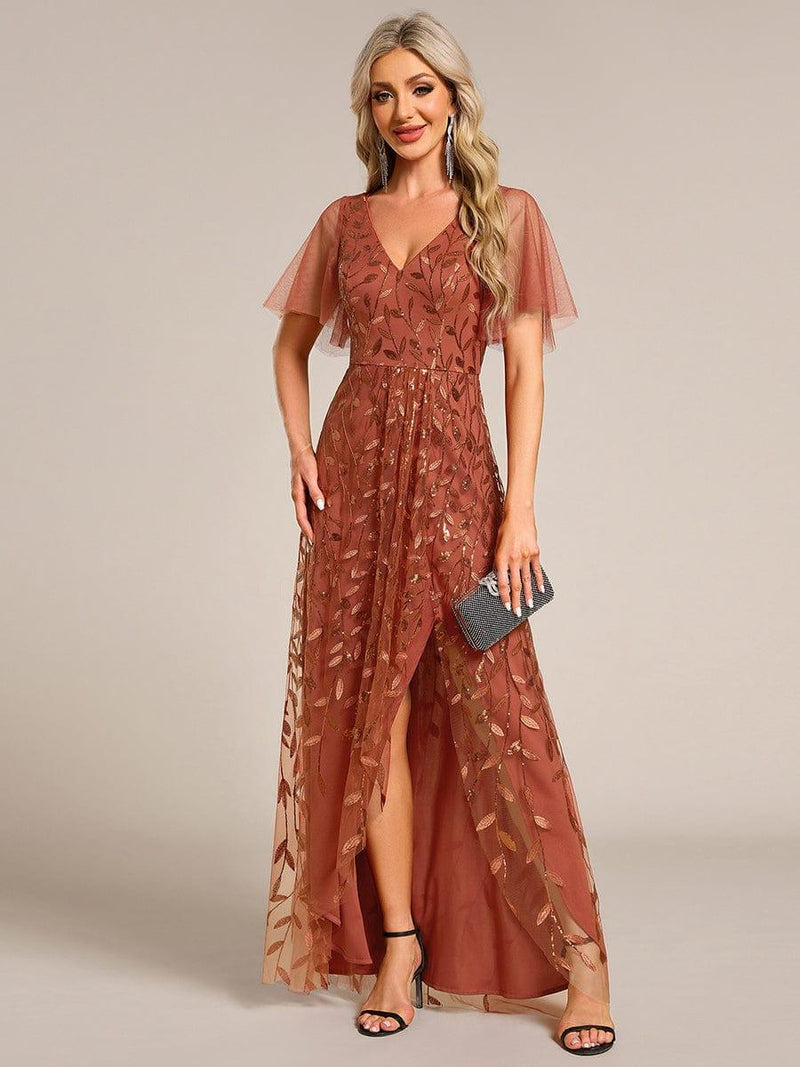 ever ALIX|Short Sleeves Sequin High Low V-Neck Midi Formal Evening Dress