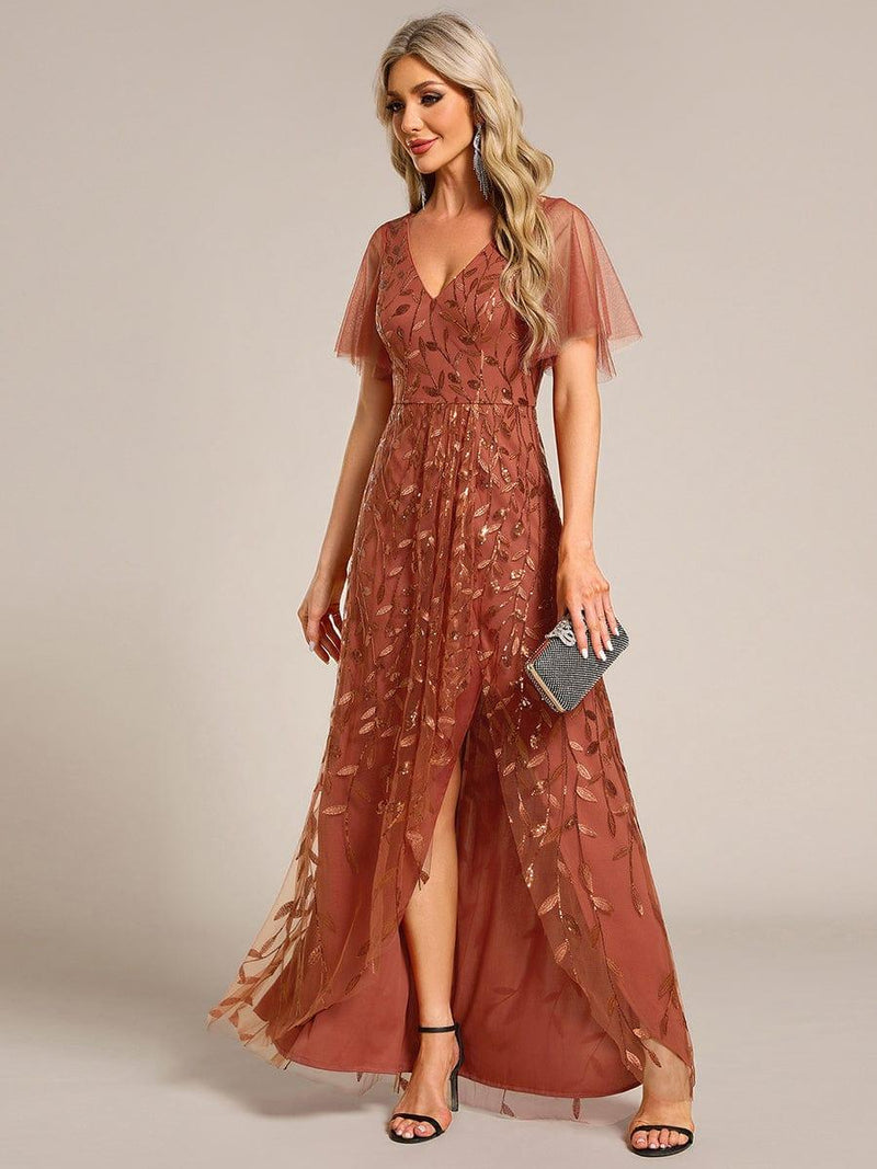 ever ALIX|Short Sleeves Sequin High Low V-Neck Midi Formal Evening Dress