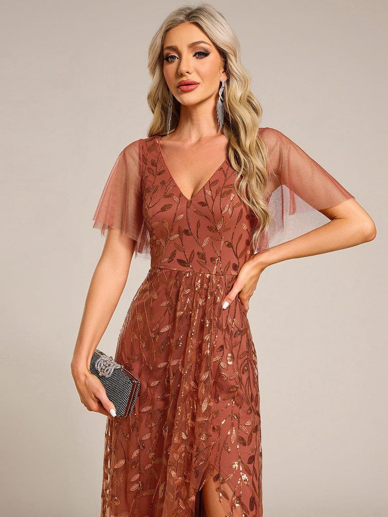 ever ALIX|Short Sleeves Sequin High Low V-Neck Midi Formal Evening Dress