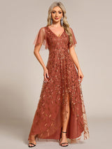 ever ALIX|Short Sleeves Sequin High Low V-Neck Midi Formal Evening Dress