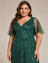 ever ALIX|Short Sleeves Sequin High Low V-Neck Midi Formal Evening Dress