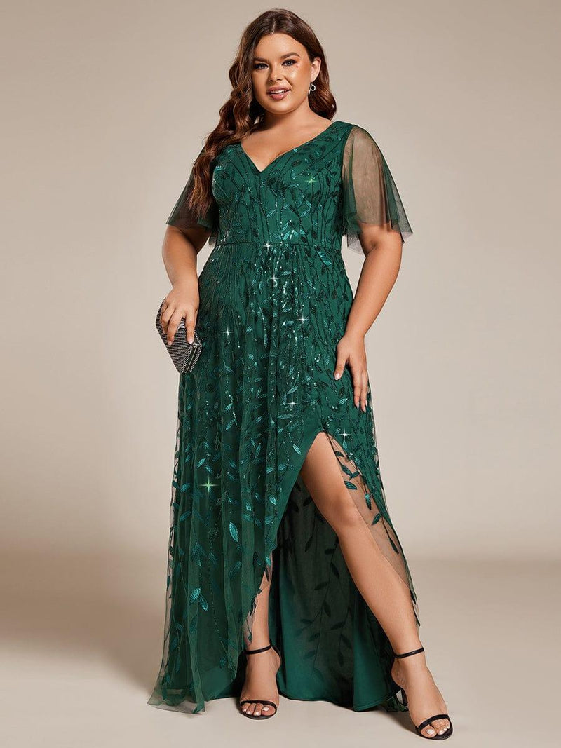 ever ALIX|Short Sleeves Sequin High Low V-Neck Midi Formal Evening Dress