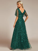 ever ALIX|Short Sleeves Sequin High Low V-Neck Midi Formal Evening Dress