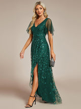 ever ALIX|Short Sleeves Sequin High Low V-Neck Midi Formal Evening Dress