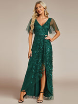 ever ALIX|Short Sleeves Sequin High Low V-Neck Midi Formal Evening Dress