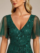 ever ALIX|Short Sleeves Sequin High Low V-Neck Midi Formal Evening Dress