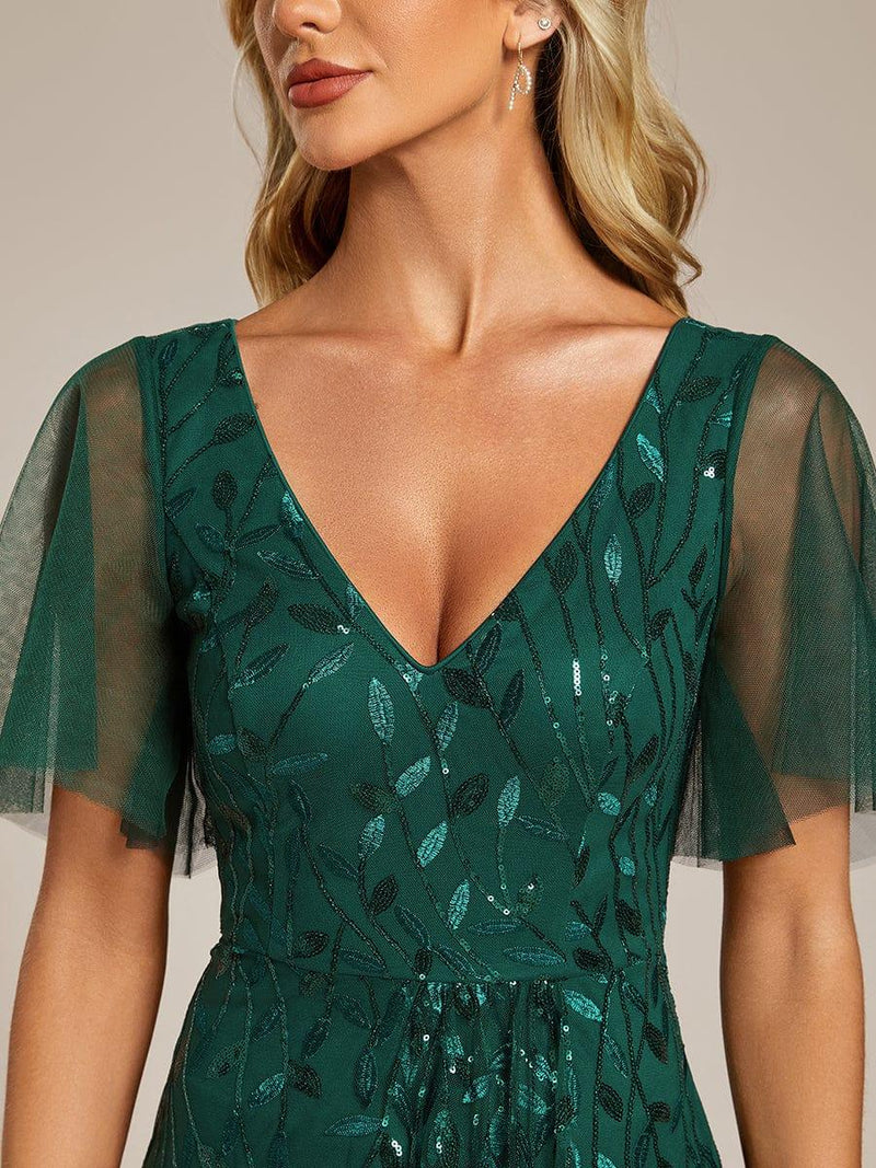 ever ALIX|Short Sleeves Sequin High Low V-Neck Midi Formal Evening Dress