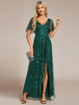 ever ALIX|Short Sleeves Sequin High Low V-Neck Midi Formal Evening Dress