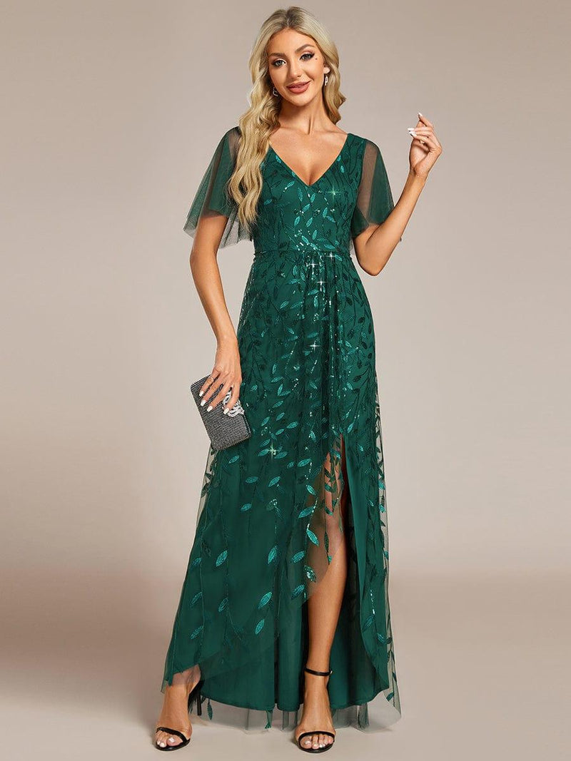 ever ALIX|Short Sleeves Sequin High Low V-Neck Midi Formal Evening Dress