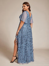 ever ALIX|Short Sleeves Sequin High Low V-Neck Midi Formal Evening Dress