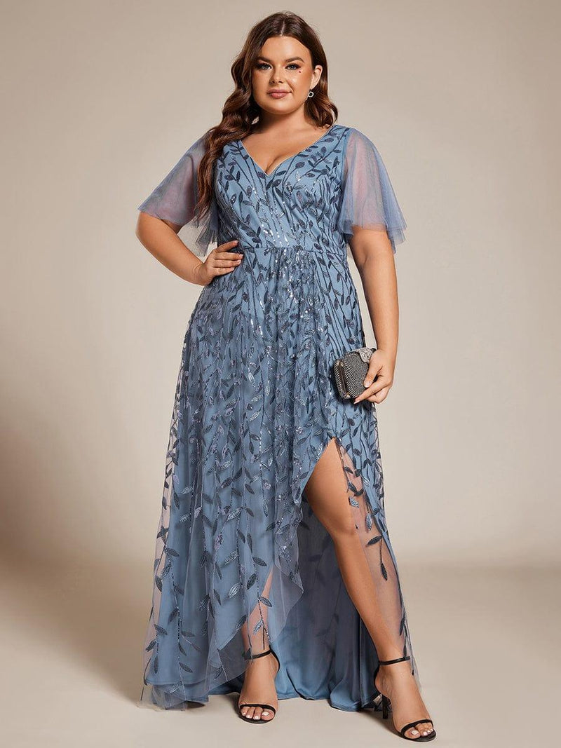 ever ALIX|Short Sleeves Sequin High Low V-Neck Midi Formal Evening Dress