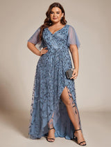 pretty ALIX|Plus Size Short Sleeves Sequin High Low V-Neck Midi Formal Evening Dress