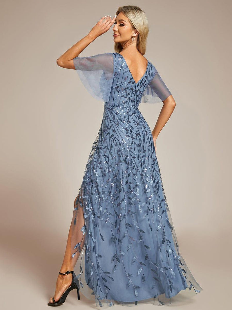ever ALIX|Short Sleeves Sequin High Low V-Neck Midi Formal Evening Dress