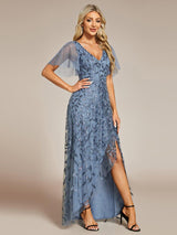 ever ALIX|Short Sleeves Sequin High Low V-Neck Midi Formal Evening Dress