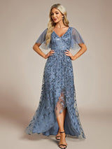 ever ALIX|Short Sleeves Sequin High Low V-Neck Midi Formal Evening Dress