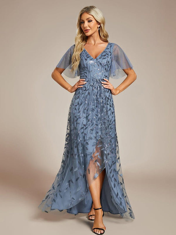 ever ALIX|Short Sleeves Sequin High Low V-Neck Midi Formal Evening Dress