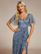ever ALIX|Short Sleeves Sequin High Low V-Neck Midi Formal Evening Dress
