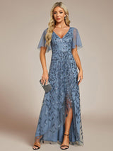 ever ALIX|Short Sleeves Sequin High Low V-Neck Midi Formal Evening Dress