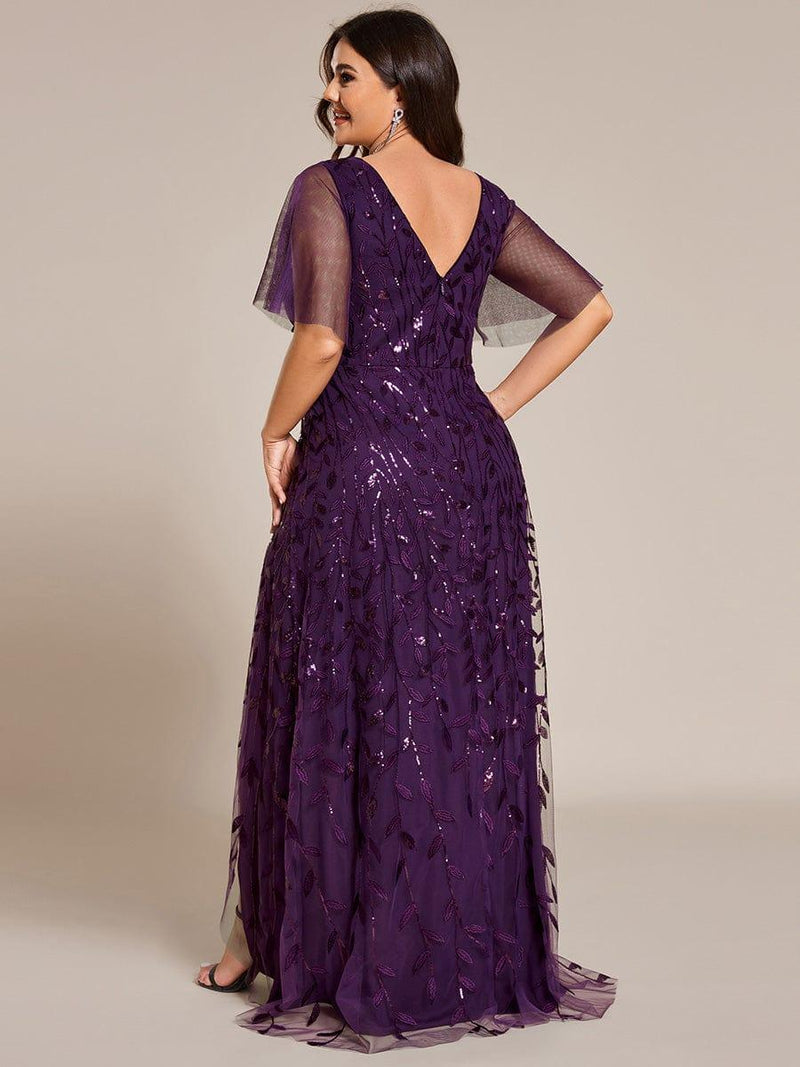 ever ALIX|Short Sleeves Sequin High Low V-Neck Midi Formal Evening Dress