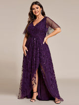 pretty ALIX|Plus Size Short Sleeves Sequin High Low V-Neck Midi Formal Evening Dress